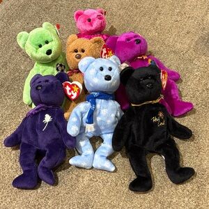 Ty Plush Bear Collection Bundle - Green, Pink, Brown, Blue, Purple, Black
